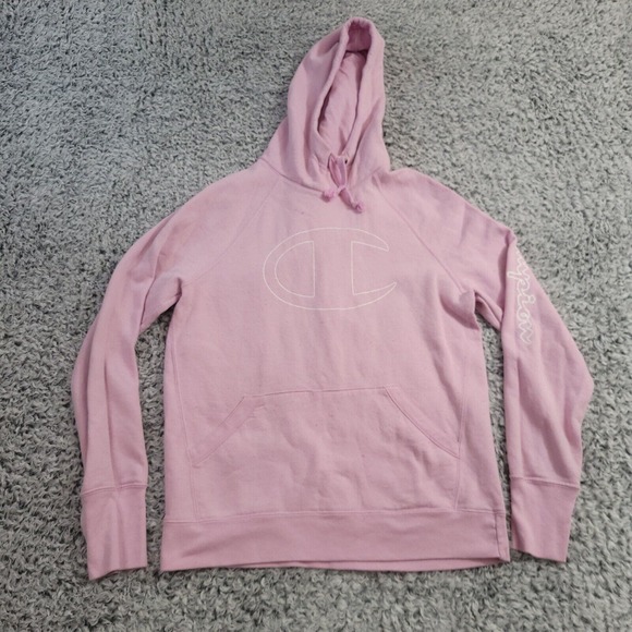 Champion Hoodie Womens Small Pink Sweater Sweatshirt Sleeve Big Logo Pullover - Picture 1 of 7